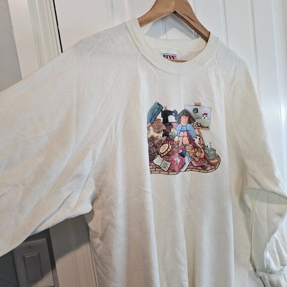 Vintage Cat Sweatshirt Women 2X White 90s Crafters Paradise Sewing Cottage Retro - Picture 4 of 12